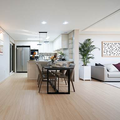 White modern interior decorated with warm and soft Hansol SB Flooring