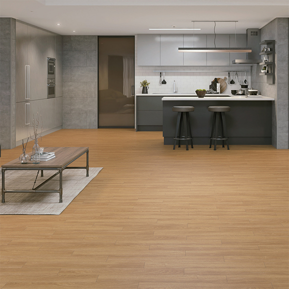Golden teak color and pattern create luxurious and classic space.