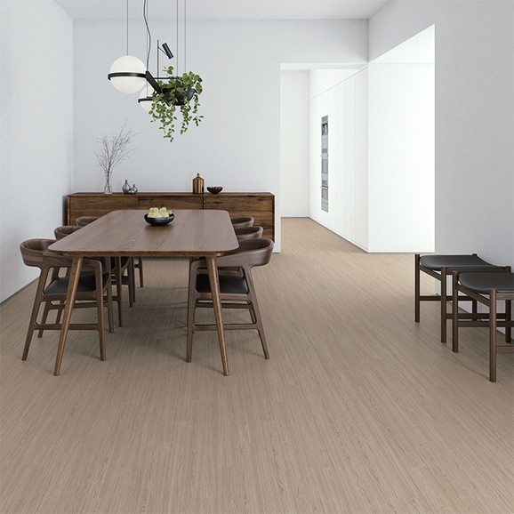 Quarter cut oak texture and basic gray color create modern and clean space.